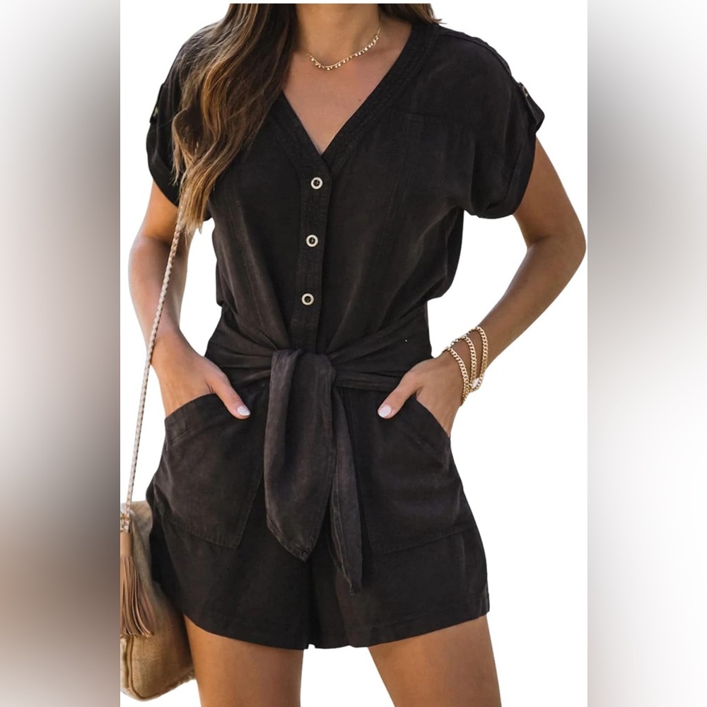 Women's Summer Short Sleeve V-Neck Button Front Loose Romper Casual XXL